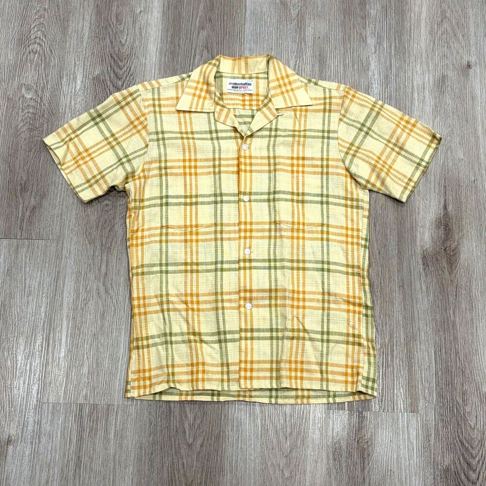Vintage 60s Manhattan Man-Prest Loop Collar Shirt Men's Size Large Yellow Orange